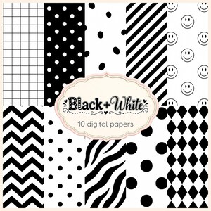 Puede incluir: Una colección de diez papeles digitales con patrones en blanco y negro que incluyen cuadrículas, lunares, rayas diagonales, caras sonrientes, chevrones, rayas de cebra y diamantes. Una etiqueta central muestra el texto Black + White 10 digital papers.