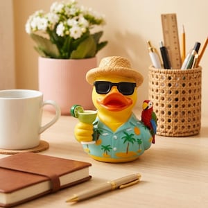 Tropische Entenfigur, Urlaubsstimmung, Sommer-Schreibtischdekoration, Cocktail-Accessoire