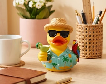 Statuetta di anatra tropicale, atmosfera vacanziera, decorazione estiva per la scrivania, accessorio per cocktail.