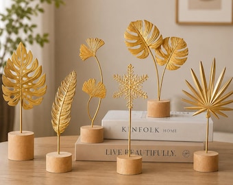 Gold Metal Leaf Sculpture with Wood Stand, Botanical Desk Decor Accent