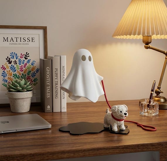 Cute Ghost Dog Figurine, Ghost Walker Desk Decor, Mini Ghost Statue, Halloween Desk Accessory,  Kawaii Shelf Decor Gift art