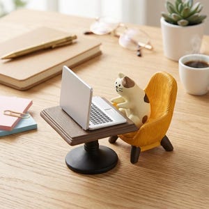 Op de afbeelding: Een miniatuurfiguurtje van een crème en bruine kat die in een textuurrijke gele fauteuil zit aan een kleine bruine tafel met een zilveren laptop. De kat heeft donkerbruine vlekken en is gericht op het open laptopscherm op de tafel.