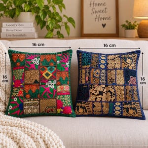 Green & Navy Blue Patchwork Pillow Cover, Handmade Indian Embroidered Cushion, Vintage Textile Home Decor