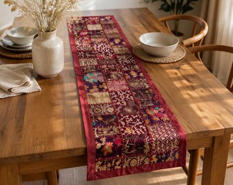 Luxury Indian Patchwork Table Runner, Handmade Vintage Textile, Boho Entryway Decor, Embroidered Table Linen.