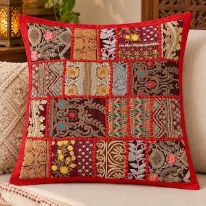 Patchwork kuddfodral 16x16, indisk prydnadskudde, broderad boho dekor