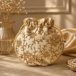 Peut inclure: Une pochette ronde couleur crème à cordon de serrage, ornée de broderies dorées représentant des motifs floraux. Le sac est agrémenté de petites perles blanches sur les bords et possède des cordons dorés assortis pour la fermeture.
