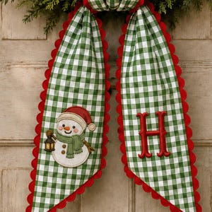 Fascia per ghirlanda natalizia personalizzata, nastro per porta con pupazzo di neve ricamato e monogramma, fiocco per ghirlanda natalizia a quadretti, decorazione natalizia preppy per la porta