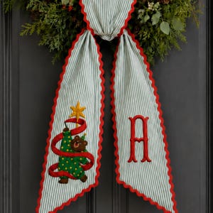 Personalized Christmas Wreath Sash, Embroidered Bear Christmas Tree & Monogram Door Ribbon, Holiday Wreath Bow, Preppy Christmas Door Decor