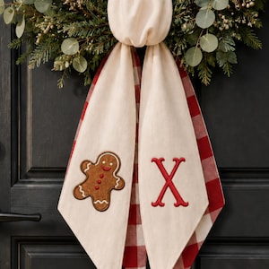 Personalized Christmas Wreath Sash, Embroidered Gingerbread Man & Monogram Door Ribbon, Holiday Wreath Bow, Christmas Door Decor