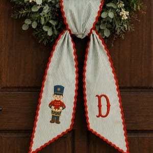 Personalized Christmas Wreath Sash, Embroidered Nutcracker & Monogram Door Ribbon, Holiday Wreath Bow, Preppy Christmas Door Decor