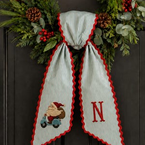 Personalized Christmas Wreath Sash, Embroidered Santa Scooter & Monogram Door Ribbon, Holiday Wreath Bow, Preppy Christmas Door Decor