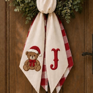 Personalized Christmas Wreath Sash, Embroidered Teddy Bear & Monogram Door Ribbon, Holiday Wreath Bow, Christmas Door Decor
