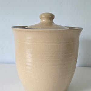 Pode incluir: Um recipiente de cerâmica bege claro com uma borda ligeiramente alargada e uma tampa a condizer com um puxador redondo. O corpo do recipiente apresenta subtis estrias horizontais na superfície, criando uma textura simples e uniforme.