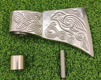 Viking Axe Cane Handle, Antique Silver Finish, Norse Engraved Aluminum Walking Stick Top