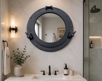 Espejo náutico con forma de ojo de buey / Espejo de pared con ventana de barco / Decoración de baño costera / Espejo de pared redondo de estilo industrial