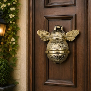 May include: A polished brass door knocker shaped like a bumblebee with textured wings and a rounded body. The metal insect is mounted on a dark brown wooden door with recessed panels, featuring a shiny, reflective surface and detailed carvings.