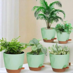 Modern Self Watering Planters Set of 5 – Indoor Self Watering Planter Pots (7, 6.5, 6, 5.5, 5 inch) – Self Watering Planters with Drainage &