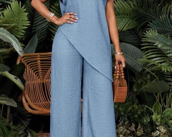 Elegant 2-Piece Women's Set – Asymmetrical Top & Plain Pants, Chic Casual Outfit for Vacation