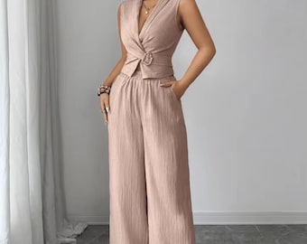 Conjunto de dos piezas de verano para mujer, top corto sin mangas con escote en V y pantalones de pierna ancha, atuendo elegante para la oficina, conjunto casual chic a juego.