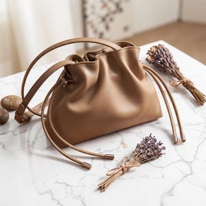 Leather Drawstring Bag | Cow Leather Crossbody Bag | Soft Bucket Purse | Minimalist Shoulder Handbag | Everyday Leather Bag Gift