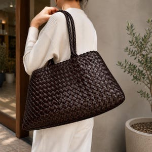 Woven Leather Tote Bag | Large Handwoven Shoulder Bag, Minimalist Work Travel Carryall