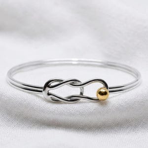 Made on Cape Cod, Bracelet with Coastal nautical knot, Brass ball & sterling silver cuff bangle, Coastal Nautical Jewelry