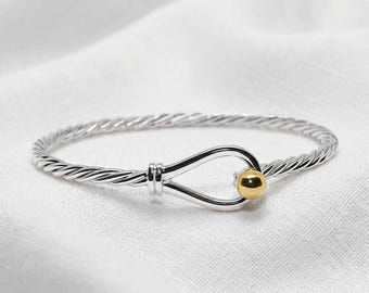 Made on Cape Cod. Bracelet with nautical knot, Brass ball & sterling silver TWISTED cuff bangle. (BRAIDED wire)