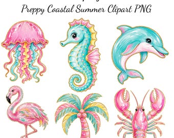 Pacote com 15 imagens PNG de estilo preppy para o verão costeiro, incluindo imagens de praia rosa, imagens PNG com golfinhos, cavalos-marinhos e flamingos, perfeitas para sublimação.