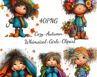 Pacote com 40 imagens PNG de meninas fofas e aconchegantes com tema de outono, imagens de aquarela de crianças no outono, imagens PNG da temporada de abóboras, perfeitas para scrapbooking.