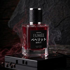 May include: A square glass perfume bottle filled with deep red liquid, featuring a black textured cap and a black label with the text MAISON FUMÉE, ベヘリット, BEHELIT, and Extrait de Parfum 50 ml - 1.7 fl oz. A silver symbol is etched on the side.