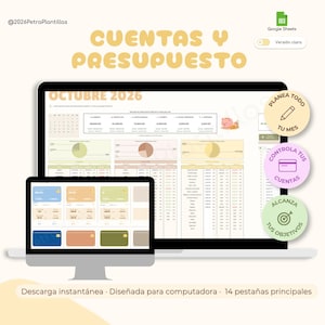 Puede incluir: Una plantilla digital de seguimiento de cuentas y presupuesto para Google Sheets mostrada en una laptop y un monitor. La interfaz incluye tablas, gráficos circulares e iconos con el texto CUENTAS Y PRESUPUESTO.