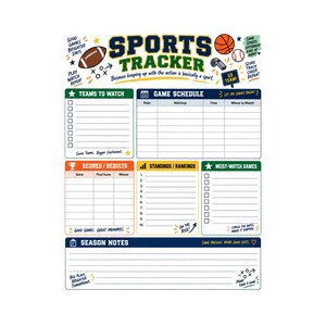 Könnte beinhalten: Ein weißer Sport-Tracker-Planer mit der Überschrift SPORTS TRACKER in blauer und grüner Schrift. Er enthält Abschnitte für Teams, Spielpläne, Ergebnisse, Ranglisten, wichtige Spiele und Notizen, verziert mit verschiedenen Sport-Symbolen.