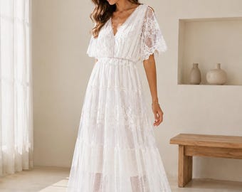 Boho White Lace Maxi Dress for Women, V Neck Beach Wedding Dress, Flowy Summer Bohemian Bridal Shower Dress, Vacation Resort Outfit for Her!