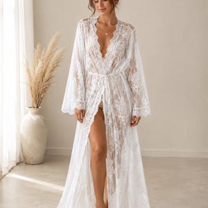 White Lace Bridal Robe for Women, Sheer Lace Kimono Robe, Long Bridal Getting Ready Robe, Wedding Lingerie Cover Up, Honeymoon Gift