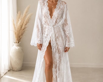 Biały koronkowy szlafrok ślubny dla kobiet, prześwitujący koronkowy szlafrok kimono, długi szlafrok ślubny, narzutka na bieliznę ślubną, prezent dla nowożeńców