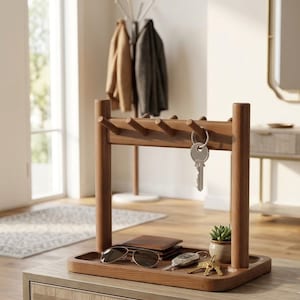 May include: A wooden entryway organizer featuring a rectangular base tray and a horizontal bar with five pegs for hanging items. The tray holds a brown leather wallet, a pair of sunglasses, a car key fob, and a small potted succulent plant.