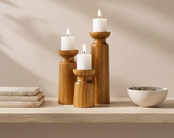 Set mit 3 Kerzenhaltern aus Holz, rustikale Tischdekoration im Landhausstil