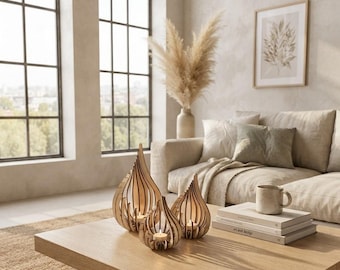 Handgefertigte tropfenförmige Laterne aus Holz, rustikaler Kerzenhalter im Boho-Stil