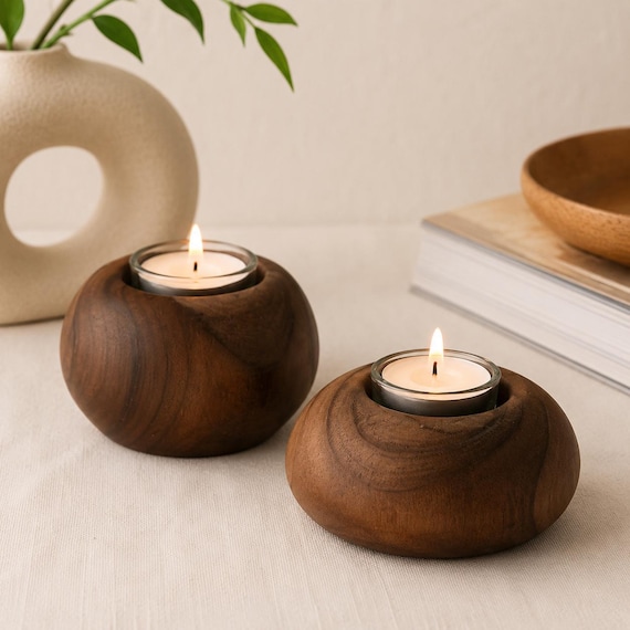 Set of 2 Natural Wood Candle Holders, Rustic Scandinavian Tea Light Decor
