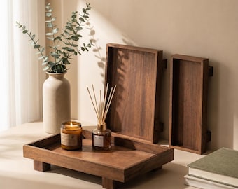 Walnut Decorative Tray Set, Japandi Organizer, Perfume Display, Wooden Catchall, Jewelry Candle Display