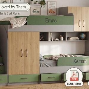 May include: A bunk bed unit featuring light wood grain and sage green panels, with integrated stairs, storage cabinets, and open shelving. The text "Built by You, Loved by Them. Digital DIY Bunk Bed Plans" appears alongside "Emre" and "Kerem" labels.