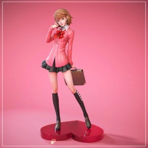 May include: A standing anime-style figurine of a character with short brown hair, wearing a pink long-sleeved jacket with a red bow tie, a white collared shirt, a black pleated skirt, and black knee-high socks, holding a brown briefcase on a heart-shaped base.