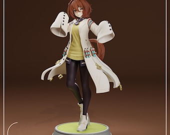 May include: A standing anime-style character figurine with short brown hair and animal ears. The figure wears a yellow sweater, a long white coat with wide sleeves, black leggings, and white boots. Small test tubes are attached to the coat waist.