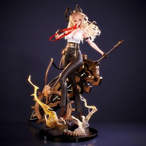 May include: A blonde anime-style figurine with horns wearing a white top and black trousers. The character holds a red ribbon and stands beside a large, mechanical gear-shaped weapon with gold and black details, surrounded by translucent yellow energy.