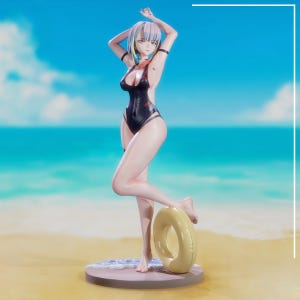 May include: A standing anime-style figurine of a character with short, multi-colored hair, wearing a black one-piece swimsuit with red accents. The figure has one leg raised, resting a foot on a small, yellow, circular inflatable swim ring.