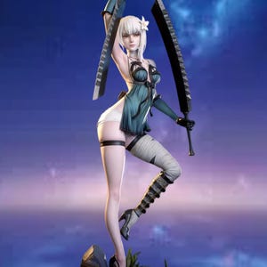 May include: A collectible figurine of a white-haired character wearing a teal and black top, white shorts, and a leg wrap. The character holds two large black swords, one raised above the head and one at the side, standing on a rocky base with flowers.