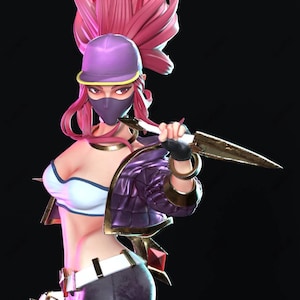 May include: A stylized figurine of a character with bright pink hair wearing a purple cap, a dark face mask, a white crop top, and a dark purple quilted jacket with gold trim. The figure holds a gold blade and features a white belt with a red gem.