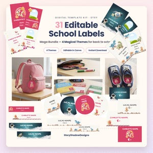 Ensemble d'étiquettes scolaires modifiables, 4 thèmes, modèle Canva (téléchargement numérique)