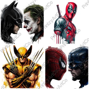 May include: A digital illustration set featuring four comic book characters: Batman and the Joker in profile, a red and black Deadpool, Wolverine with extended metal claws, and a profile view of Spider-Man facing Captain America in a mask.