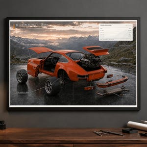 May include: A framed technical poster of an orange 911 Carrera RS 2.7 Sport car. The image shows an exploded view with labeled components like the engine, wheels, and bumper, set against a mountain landscape. Text includes specifications and labels.